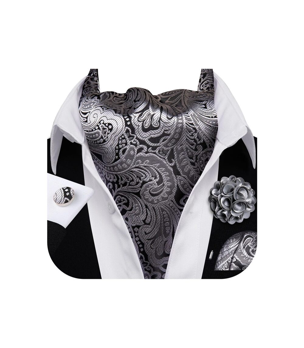 3931 Ascot Tie Cravat Set Dark Grey Paisley Scarf Neckties Pocket Square